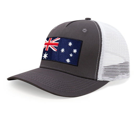 International Tie Premium Australia Flag Hat for Men and Women - Snapback Trucker Baseball Cap (Grey White)