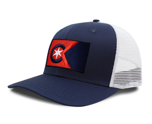 International Tie Cleveland Flag Hat for Men and Women - Adjustable Snapback Trucker Baseball Cap (Navy White)