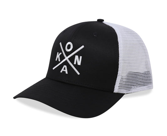 International Tie Kailua-Kona KONA Hat for Men and Women - Snapback Trucker Baseball Cap (Black/White)