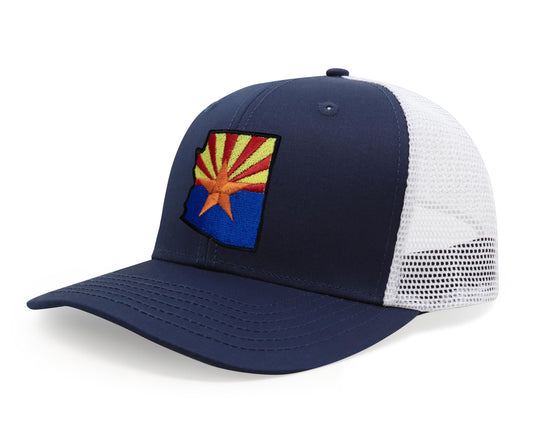 International Tie Stateline Flag Hat for Men and Women - Snapback Trucker Baseball Cap (Arizona, Navy White)