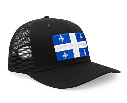 International Tie State Hat for Men and Women, Adjustable Snapback Trucker Baseball Cap with Embroidered Patch (Quebec, All Black)