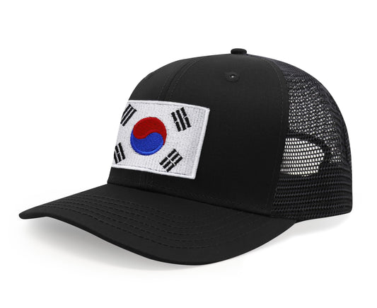 International Tie Country Hat for Men and Women, Adjustable Snapback Trucker Baseball Cap with Embroidered Patch (South Korea, All Black)