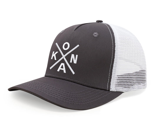 International Tie Kailua-Kona KONA Hat for Men and Women - Snapback Trucker Baseball Cap (Grey/White)