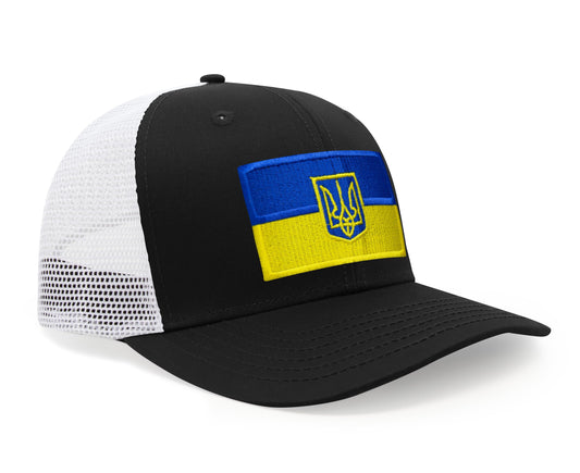 International Tie Country Hat for Men and Women, Adjustable Snapback Trucker Baseball Cap with Embroidered Patch (Ukraine, Black White) - International Tie