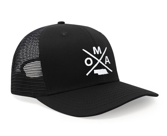 International Tie Hat for Men and Women, Snapback Trucker Baseball Cap, Embroidered Cross Logo (OMA - Omaha, All Black) - International Tie