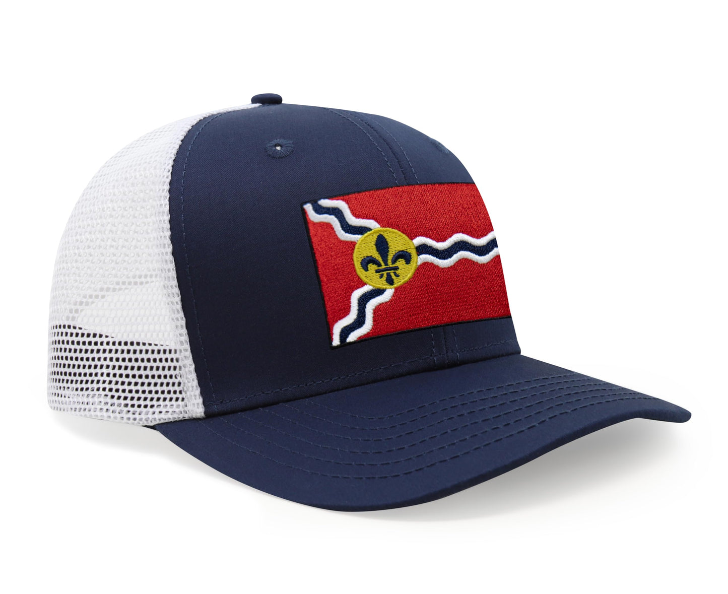 International Tie Premium St. Louis Flag Hat for Men and Women - Snapback Trucker Baseball Cap (Navy White)