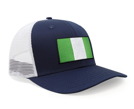 International Tie Country Hat for Men and Women, Adjustable Snapback Trucker Baseball Cap with Embroidered Patch (Nigeria, Navy White) - International Tie