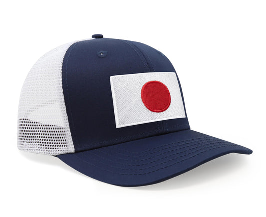 International Tie Country Hat for Men and Women, Adjustable Snapback Trucker Baseball Cap with Embroidered Patch (Japan, Navy White) - International Tie