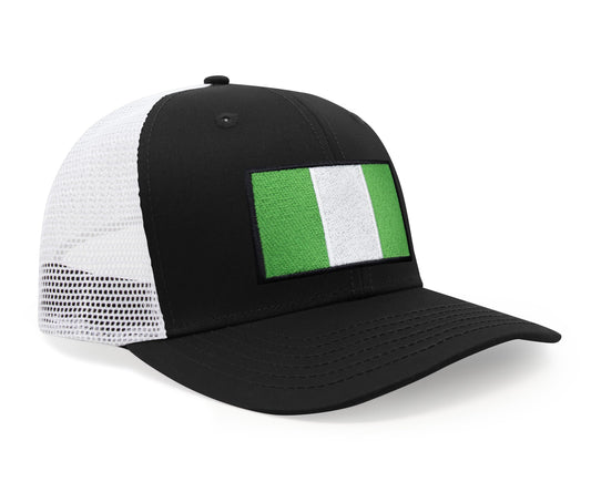 International Tie Country Hat for Men and Women, Adjustable Snapback Trucker Baseball Cap with Embroidered Patch (Nigeria, Black White) - International Tie