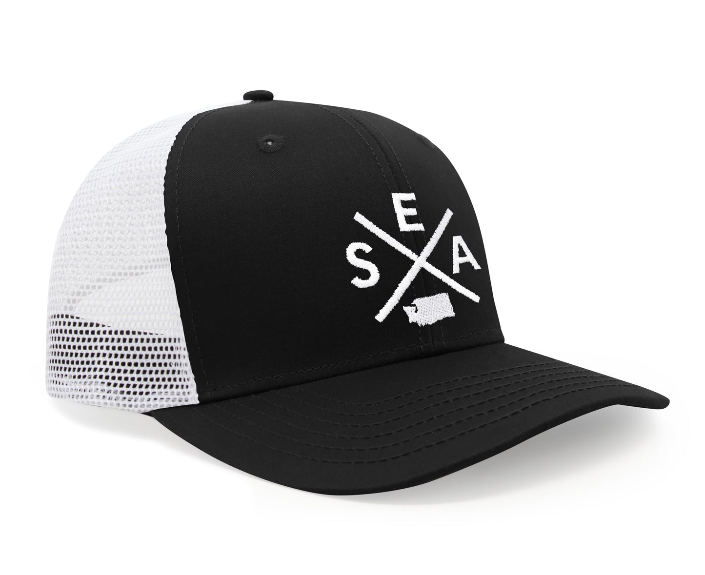 International Tie Seattle SEA Hat for Men and Women - Snapback Trucker Baseball Cap (Black/White)