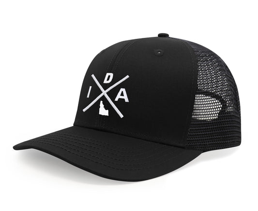 International Tie Hat for Men and Women, Adjustable Snapback Trucker Baseball Cap, Embroidered Cross Logo (IDA - Idaho, All Black)