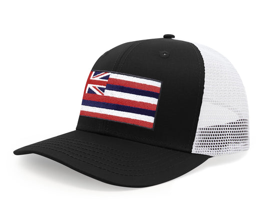 International Tie Hawaiian Flag Trucker Hat for Men & Women - Adjustable Snapback Baseball Cap with Embroidered Patch (Black/White)