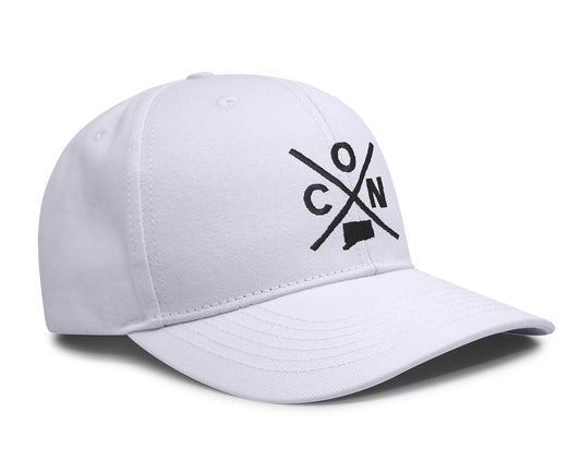 International Tie State City Hat for Men and Women, Snapback Trucker Baseball Cap with Embroidered Cross Logo (Connecticut - CON, All White)