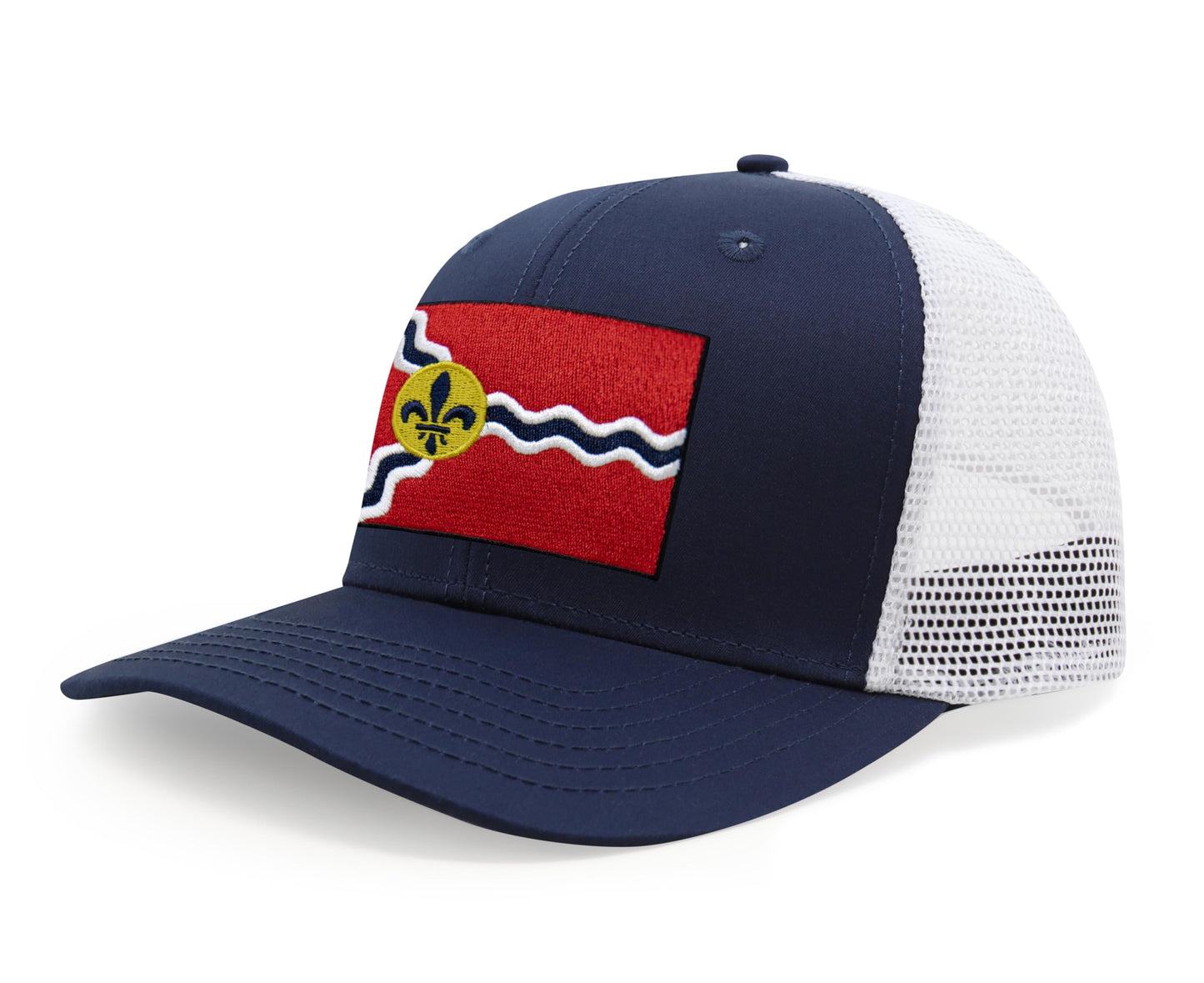 International Tie Premium St. Louis Flag Hat for Men and Women - Snapback Trucker Baseball Cap (Navy White)