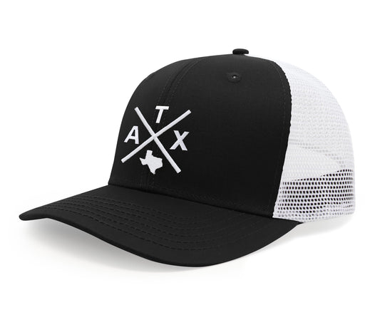 International Tie Austin ATX Trucker Hat for Men and Women – Snapback Baseball Cap (Black/White) - International Tie