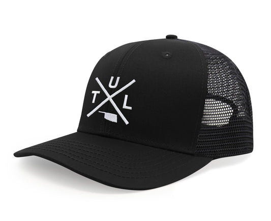 International Tie Hat for Men and Women, TUL Snapback Trucker Baseball Cap, Embroidered Cross Logo (TUL - Tulsa, All Black)
