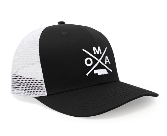 International Tie Hat for Men and Women, Snapback Trucker Baseball Cap, Embroidered Cross Logo (OMA - Omaha, Black White) - International Tie