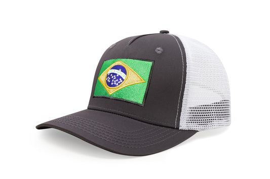 International Tie Country Hat for Men and Women, Adjustable Snapback Trucker Baseball Cap with Embroidered Patch (Brazil, Grey White)