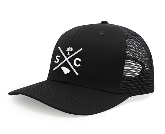 International Tie Hat for Men and Women, Adjustable Snapback Trucker Baseball Cap, Embroidered Cross Logo (SC - South Carolina, All Black) - International Tie