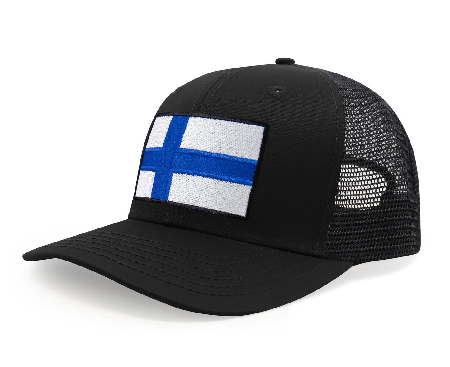 International Tie Finland Flag Hat for Men and Women - Adjustable Snapback Trucker Baseball Cap (All Black)