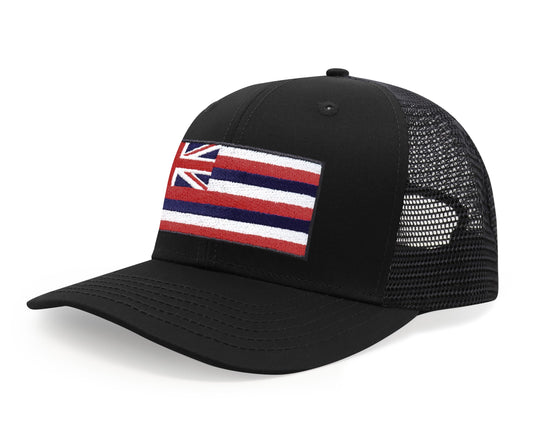International Tie Hawaiian Flag Trucker Hat for Men & Women - Adjustable Snapback Baseball Cap with Embroidered Patch (All Black)