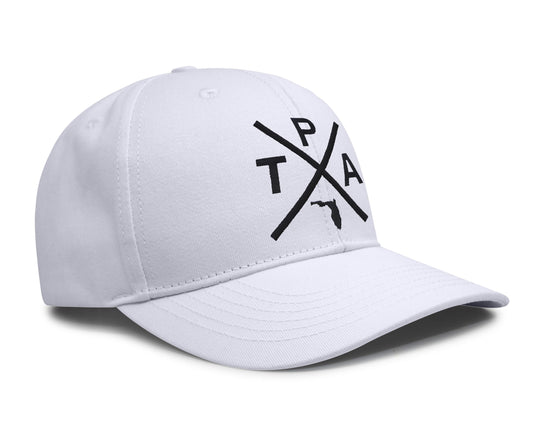 International Tie Hat for Men and Women, Snapback Trucker Baseball Cap, Embroidered Cross Logo (Tampa - TPA, All White)
