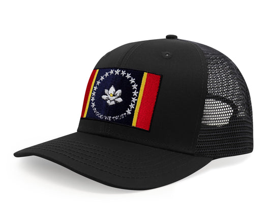 International Tie State Hat for Men and Women, Adjustable Snapback Trucker Baseball Cap with Embroidered Patch (Mississippi, All Black) - International Tie