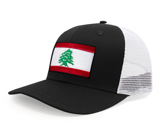 International Tie Lebanon Flag Hat for Men and Women - Adjustable Snapback Trucker Baseball Cap (Black White) - International Tie