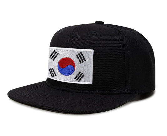 International Tie Country Hat for Men and Women, Adjustable Snapback Trucker Baseball Cap with Embroidered Patch (South Korea, Black Flatbill)