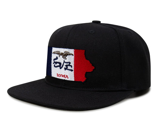International Tie Stateline Flag Hat for Men and Women - Snapback Trucker Baseball Cap (Iowa, Black Flatbill) - International Tie