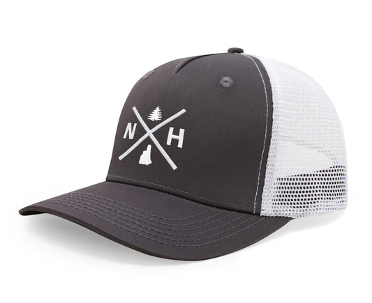 International Tie Hat for Men and Women, Adjustable Snapback Trucker Baseball Cap, Embroidered Cross Logo (NH- New Hampshire, Grey White) - International Tie