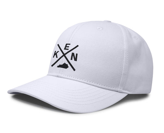 International Tie Hat for Men and Women, Adjustable Snapback Trucker Baseball Cap, Embroidered Cross Logo (KEN - Kentucky, All White)