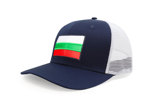 International Tie Country Hat for Men and Women, Adjustable Snapback Trucker Baseball Cap with Embroidered Patch (Bulgaria, Navy White) - International Tie
