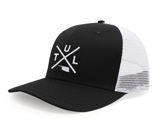 International Tie Hat for Men and Women, TUL Snapback Trucker Baseball Cap, Embroidered Cross Logo (TUL - Tulsa, Black White)