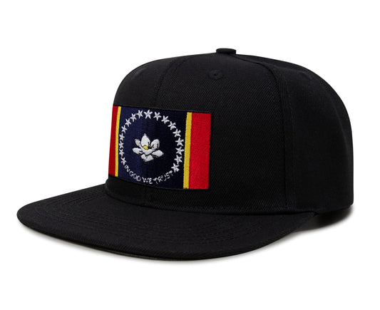 International Tie State Hat for Men and Women, Adjustable Snapback Trucker Baseball Cap with Embroidered Patch (Mississippi, Black Flatbill) - International Tie