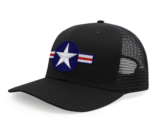 International Tie Air Force Hat for Men and Women - Snapback Trucker Baseball Cap (All Black)