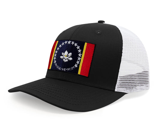 International Tie State Hat for Men and Women, Adjustable Snapback Trucker Baseball Cap with Embroidered Patch (Mississippi, Black White) - International Tie