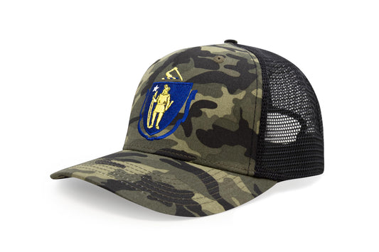 Tie StInternational ate Hat for Men and Women, Adjustable Snapback Trucker Baseball Cap with Embroidered Patch (Massachusetts, Camouflage)