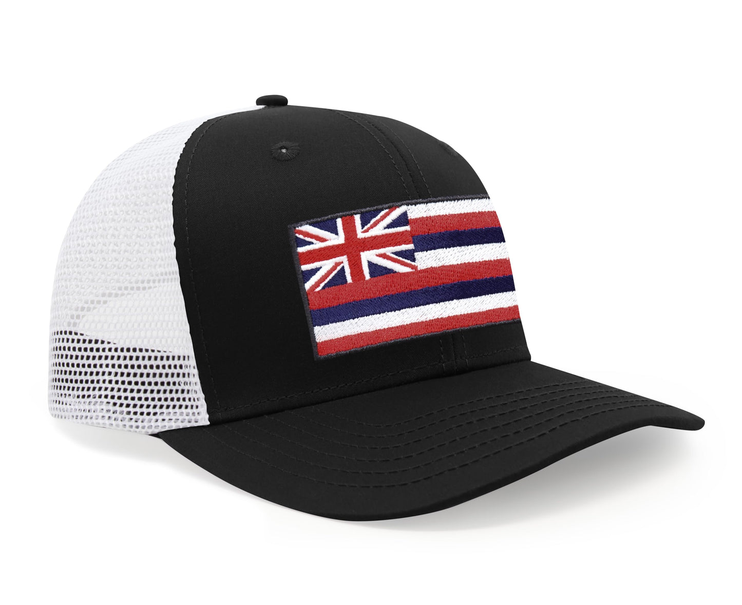 International Tie Hawaiian Flag Trucker Hat for Men & Women - Adjustable Snapback Baseball Cap with Embroidered Patch (Black/White)