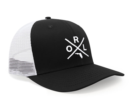 International Tie Hat for Men and Women, Snapback Trucker Baseball Cap, Embroidered Cross Logo (ORL - Orlando, Black White)