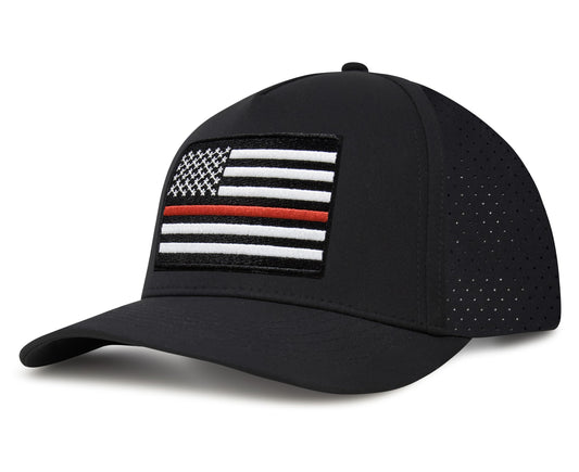 Performance Golf Hat – Adjustable Snapback Trucker Baseball Cap for Men & Women - Jetset Series (Thin Red Line, Midnight Black)