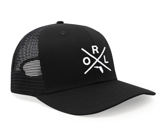 International Tie Hat for Men and Women, Snapback Trucker Baseball Cap, Embroidered Cross Logo (ORL - Orlando, All Black)