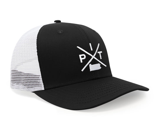 International Tie Hat for Men and Women, Snapback Trucker Baseball Cap, Embroidered Cross Logo (Pit - Pittsburgh, Black White)