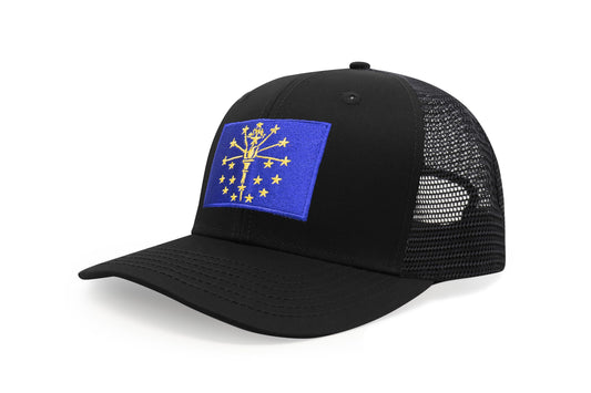 International Tie State Hat for Men and Women, Adjustable Snapback Trucker Baseball Cap with Embroidered Patch (Indiana, All Black) - International Tie
