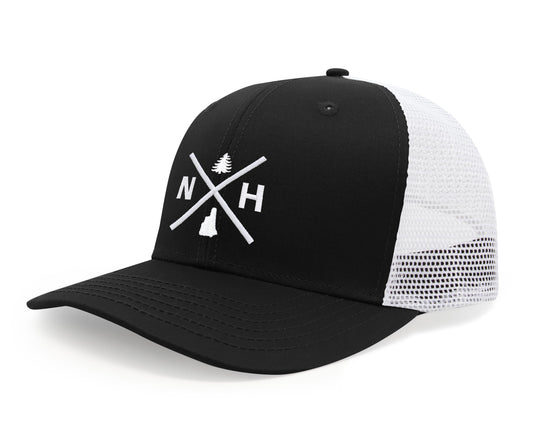 International Tie Hat for Men and Women, Adjustable Snapback Trucker Baseball Cap, Embroidered Cross Logo (NH- New Hampshire, Black White) - International Tie