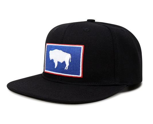 International Tie State Hat for Men and Women, Adjustable Snapback Trucker Baseball Cap with Embroidered Patch (Wyoming, Black Flatbill)