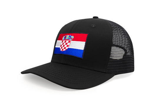 International Tie Country Hat for Men and Women, Adjustable Snapback Trucker Baseball Cap with Embroidered Patch (Croatia, All Black) - International Tie
