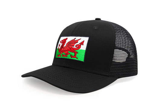 International Tie Country Hat for Men and Women, Adjustable Snapback Trucker Baseball Cap with Embroidered Patch (Wales, All Black) - International Tie