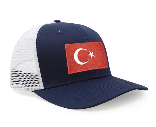 International Tie Country Hat for Men and Women, Adjustable Snapback Trucker Baseball Cap with Embroidered Patch (Turkey, Navy White) - International Tie