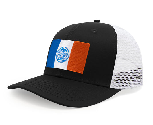 International Tie New York City Flag Hat for Men and Women - Adjustable Snapback Trucker Baseball Cap (Black White)